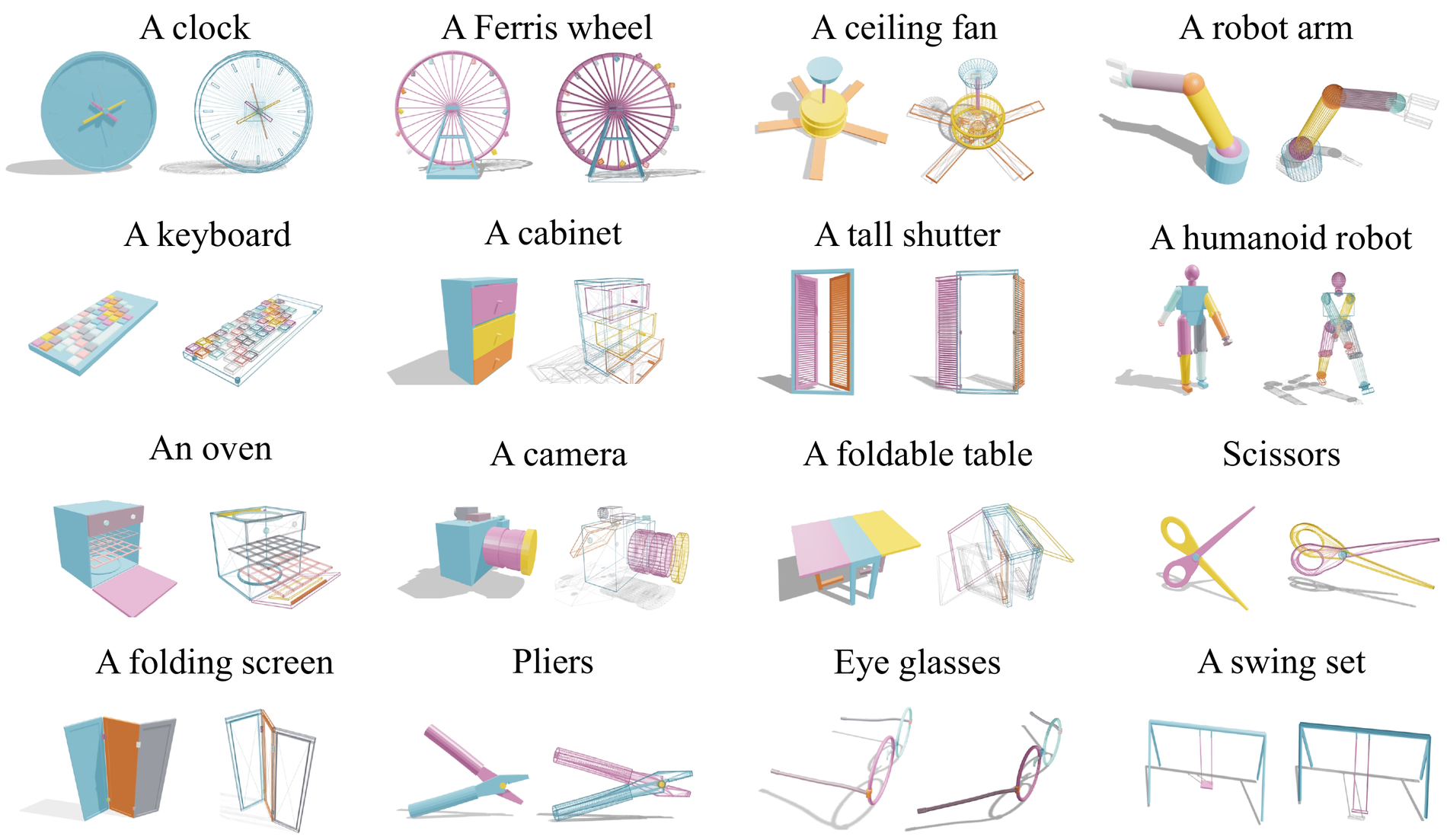 Gallery of diverse articulated 3D objects generated by LAM.